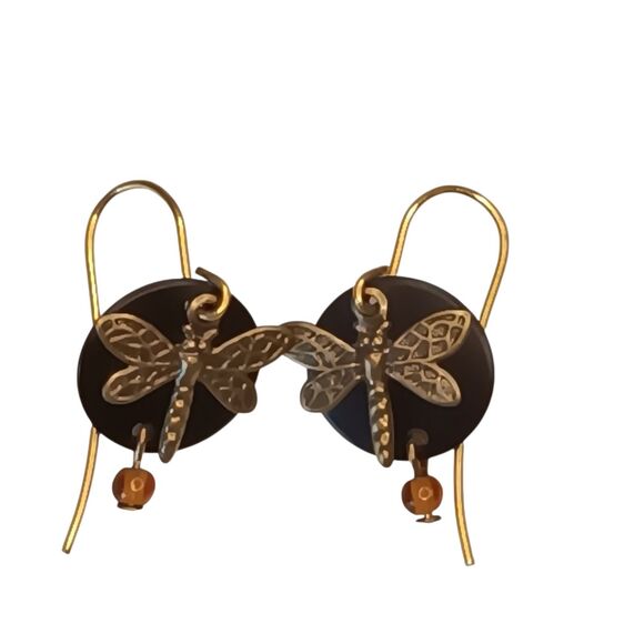 Goldtone Dragonfly Earrings On Black Disc Pierced Dangle Lightweight 1/4 Inch - Picture 6 of 7